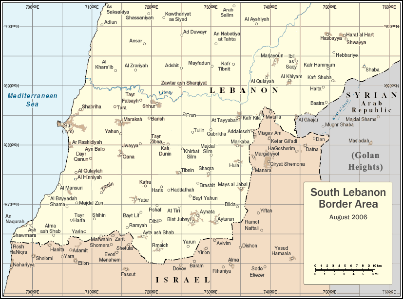 Карта южного Ливана (зона UNIFIL): Тир, река Литани и израильско-ливанская граница